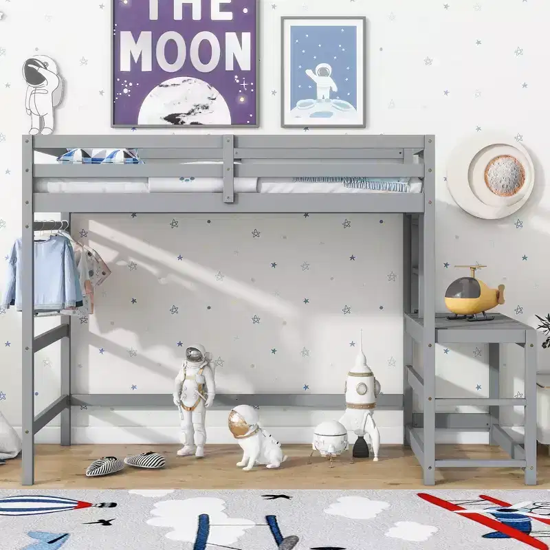 Twin High Loft Bed with Ladder & Landing Platform, Gray