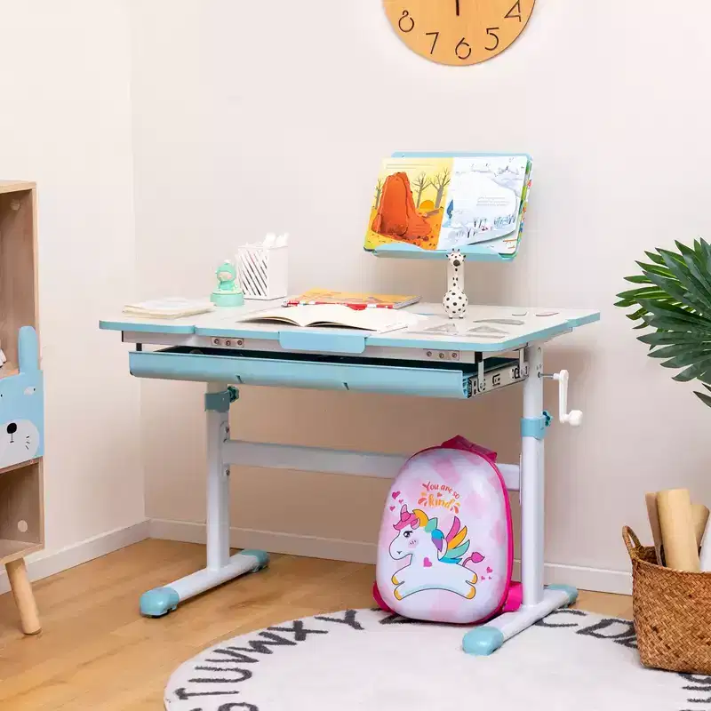 Costway Height-Adjustable Kids Desk Children Study Table with Tilt Desktop & Book Stand Blue/Pink