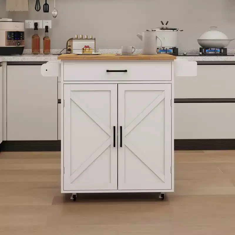 Rolling Kitchen Cart with Wooden Top, Drawer, Cabinet, and Towel Rack Mobile Island for Kitchen, Garage, or Office