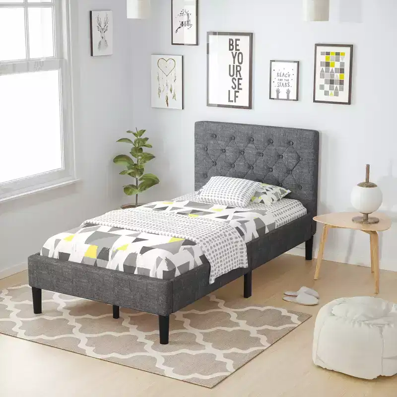 Twin Size Upholstered Bed Frame with Diamond Stitched Headboard and 10 Wood Slat Support
