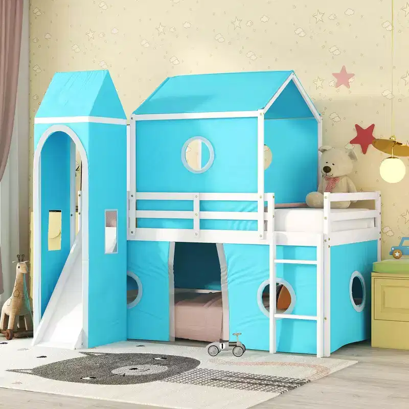Plyhouse Twin Loft Bed with Slide, Castle Wooden Bedframe with Tent and Tower for Kids Boys Girls Teens, Blue