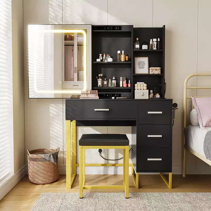 Modern Marble White Vanity Desk with Mirror and Lights