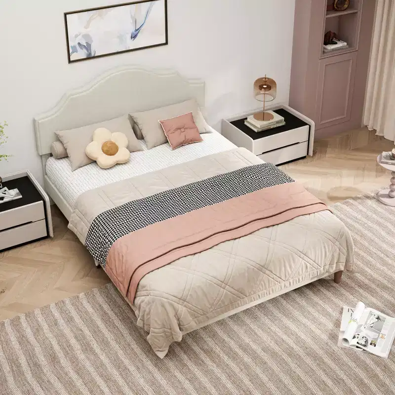 Queen/King Size Upholstered Platform Bed Frame with Adjustable Headboard, Linen Fabric Padded, No Box Spring Needed, Beige