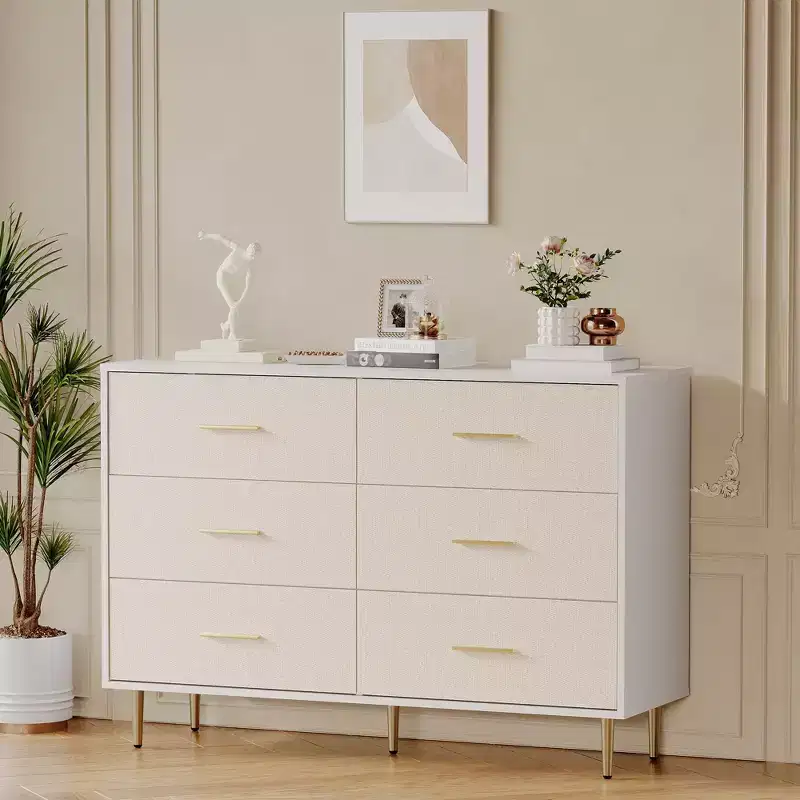 Modern White Dresser, Wooden Chest of Drawer with Metal Legs, White, 47.2 D x 15.5 W x 33.5 H, Storage Cabinet for Bedroom, Living Room, Entryway