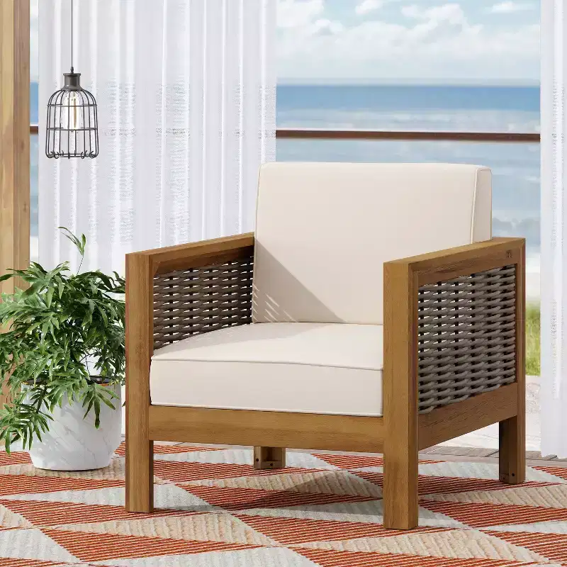 TUYOHW Patio Accent Chairs with Wicker Frame,1-Piece,Upholstered Outdoor Armchair Acacia Club Chair for Backyard,Patio & Garden,400lbs Capacity