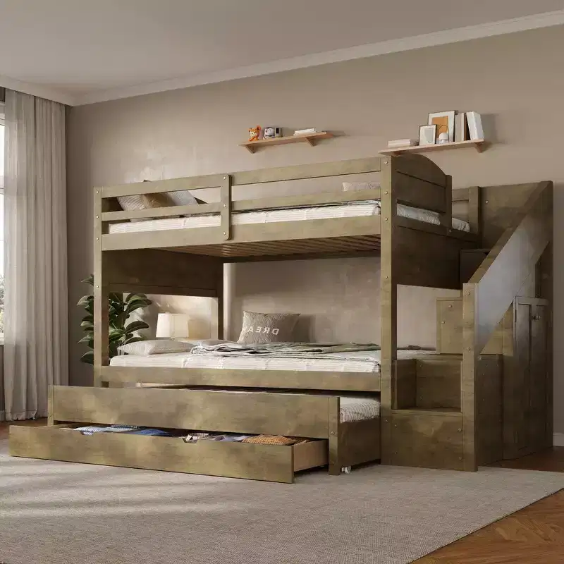 Twin XL Bunk Bed Frame with Trundle Storage Staircase Wardrobe 3 Drawers for Kids