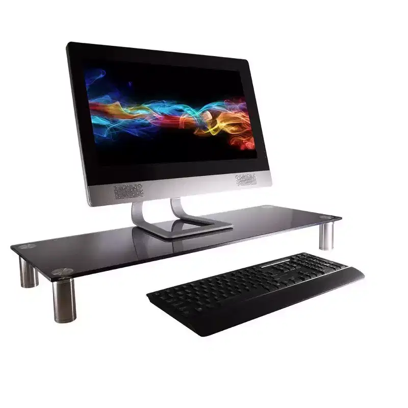 Monoprice Large Multimedia Desktop Stand - Black Glass (30.8 x 11in) Stand & Riser, Desktop TV Stand, Dual Monitors w/ Height Adjustable Legs