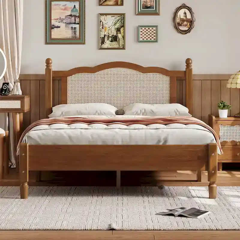 Wooden Platform Bed with Natural Rattan Headboard