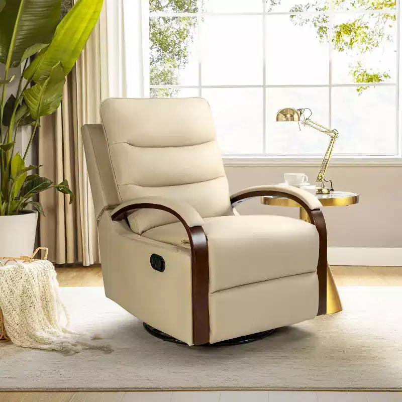 Clemens Genuine Leather Swivel Rocking Manual Recliner with Decorative Curved Arm