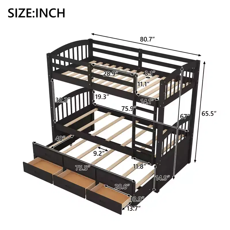 Twin over Twin Wood Bunk Bed with Trundle and Drawers, black