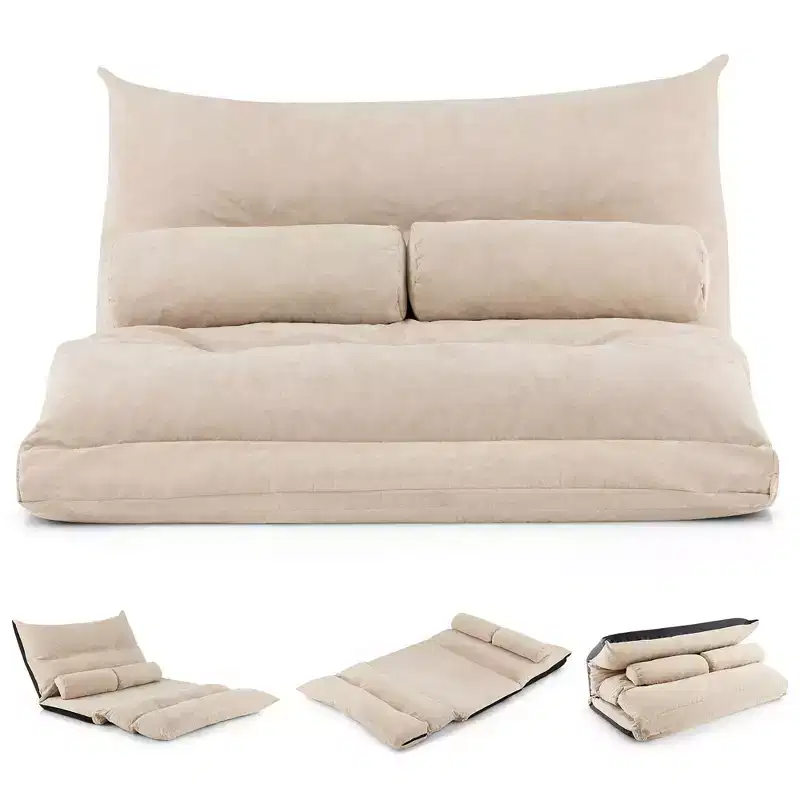 Convertible Lazy Sofa Bed with 42-Level Adjustable Backrest & 2 Lumbar Pillows Gray/Beige