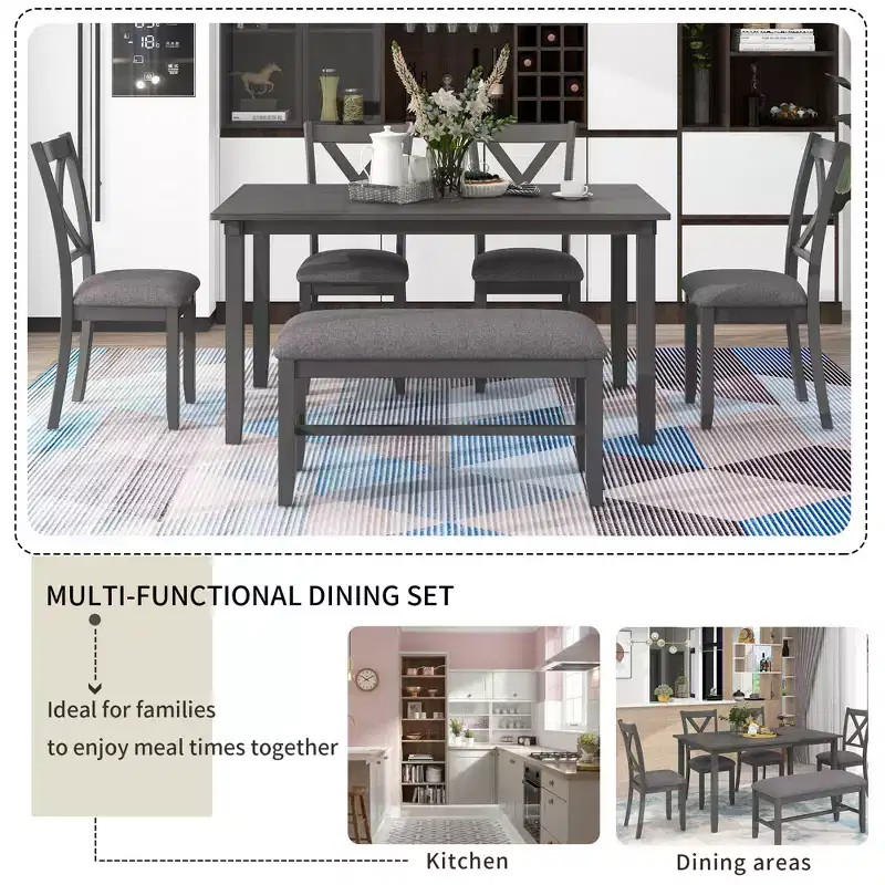 Whisen 6-Piece Wooden Rectangular Kitchen Dining Table Set with 4 Fabric Chairs and Bench