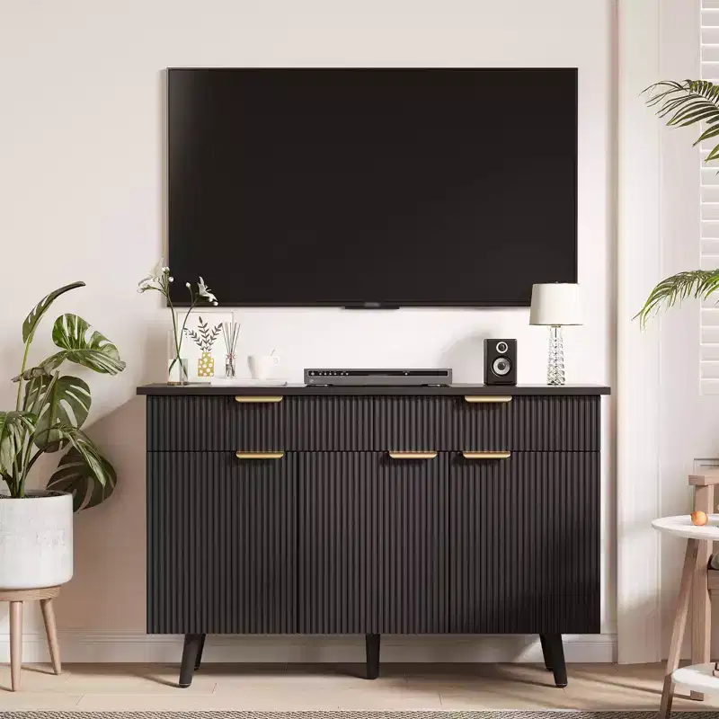 47 in Modern Fluted Buffet Cabinet with Storage, 3 Doors & 2 Drawers Adjustable Shelves Multi-Functional Accent Credenza, Sideboard Cabinet