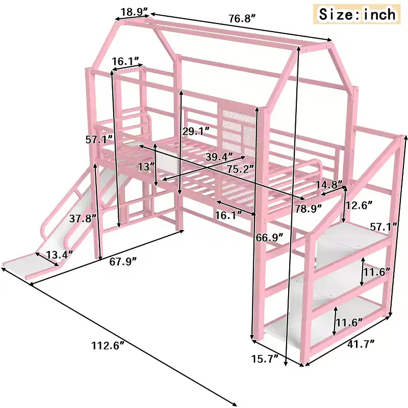 Bellemave House Loft Bed with Slide and Storage Stairs,Metal House Loft Bed Frame for Kids and Teens