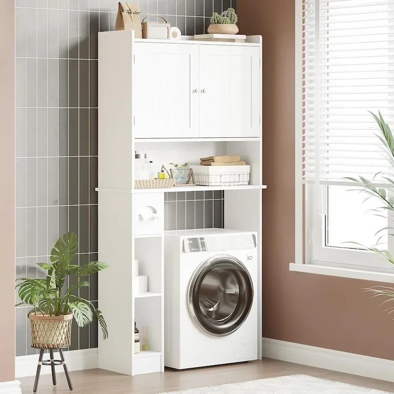 Over The Toilet Storage Cabinet Double Door Bathroom Organizer with Adjustable Shelves, Toilet Paper Holder