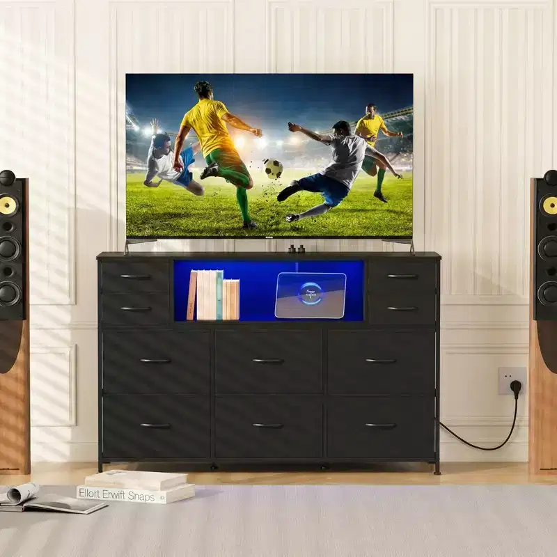 Metal-Framed Dresser, Storage Cabinets with 11 Fabric Drawers, TV Cabinet with LED Lights and Charging Station, Suitable for Bedroom and Living Rooms