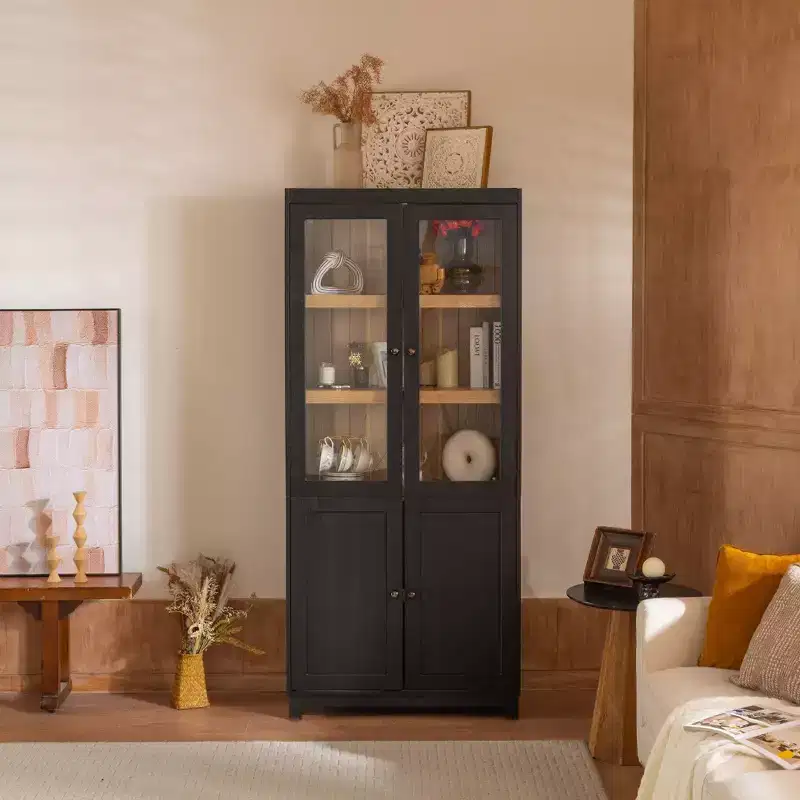 Modern Display Buffet Cabinet with Glass Doors & Adjustable Shelves, 74.5