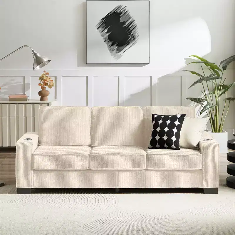 GDFStudio Everly 84 Corduroy Couch with Built-In Cup Holders