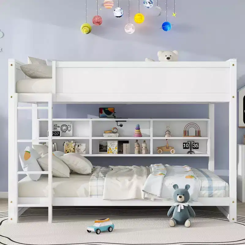 MAYEERTY Queen Over Queen Bunk Bed with Built in Storage Cabinets Charging Station Ladder Guardrails Solid Pine Wood Bunk Bed White