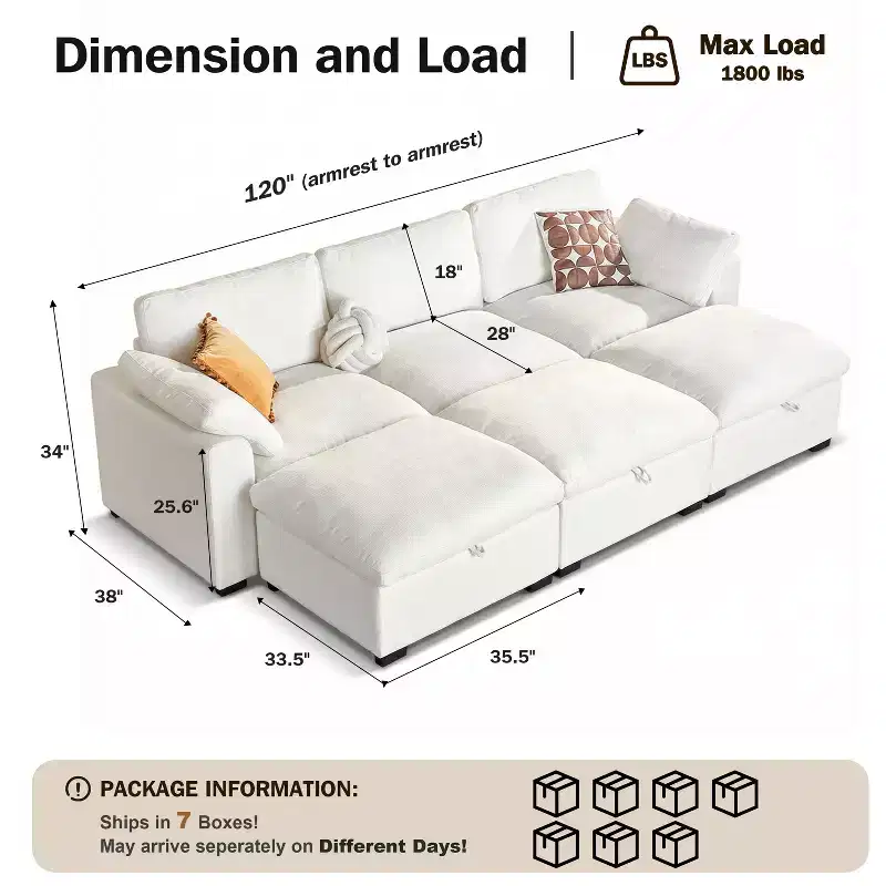 Dyonery 120 Oversized Cloud Modular Sectional Sofa for Living Room,Down-Filled Wide Deep Seat Couch,Solid Wood Frame,Tool Free Assembly,Dark Gray