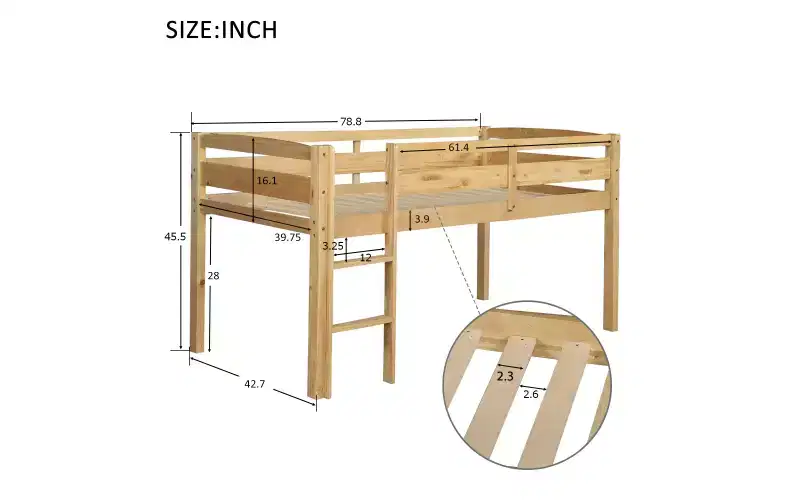 Low Loft Bed with Ladder, Wood Loft Bed Twin Size for Adults, Kids and Young Teens, Wood Slat Support Walnut
