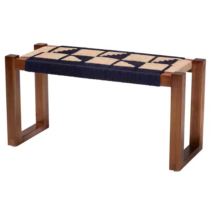 bali & pari Jerilyn Two Tone Seagrass and Acacia Wood Accent Bench Navy Blue/Brown/Natural Brown: Bohemian Style, No Assembly Required