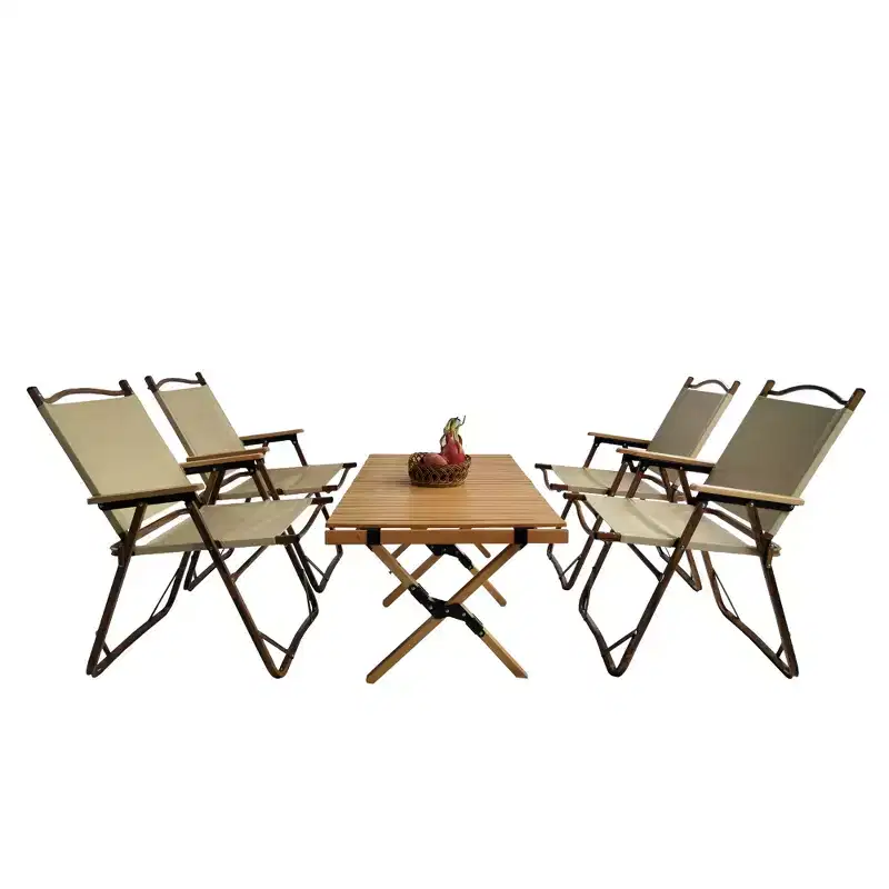 Multifunctional Foldable Portable Dining Set, 1 Dining Table, 4 Folding Chairs, Indoor Outdoor Wooden Camping Picnic Table for Garden Patio