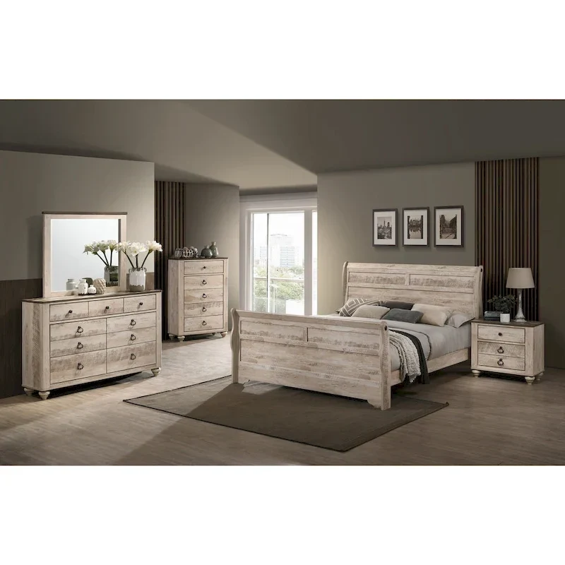 White Wash Sleigh Bedroom Set – 5-Piece, King/Queen