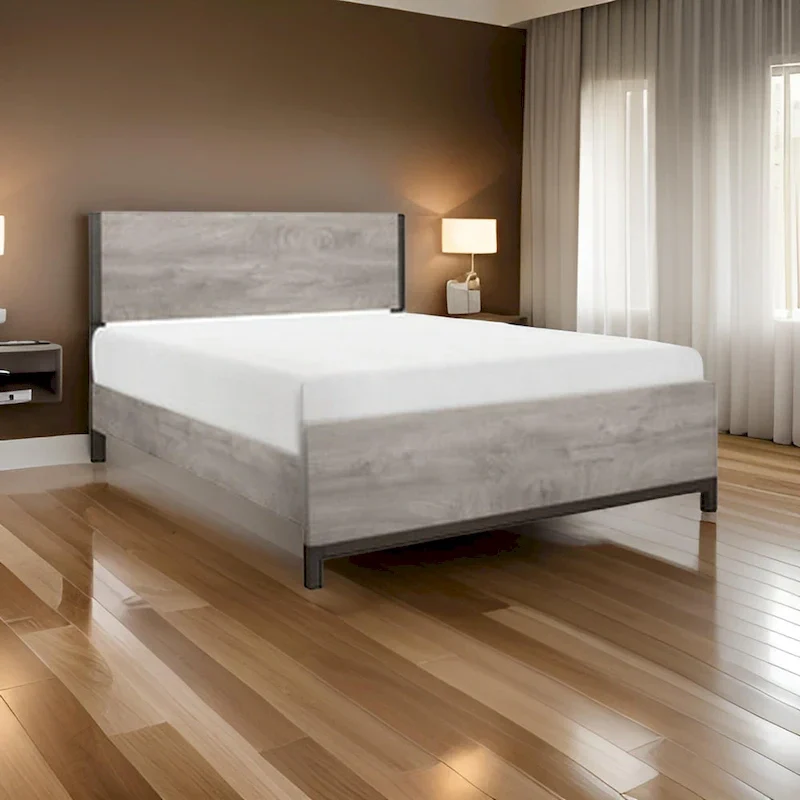Deena Queen Bed, Painted Metal Finished Accents, Light Gray Wood Frame