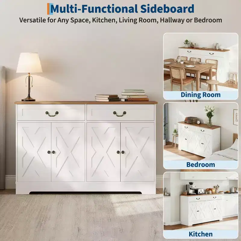 57 Inch Farmhouse Buffet Cabinet with Storage, with 4 Doors & 2 Drawers, Adjustable Shelves Coffee Cabinet, Multi-Functional Storage for Dining Room
