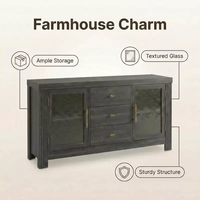54.4 Modern Buffet Sideboard with 2 Glass Doors & 3 Drawers,Versatile Storage Cabinet, Coffee Bar, TV Stand for Living Room, Kitchen, Dining Room