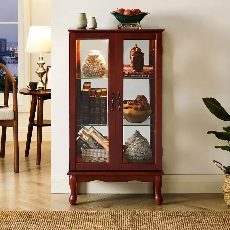 Curio Display Cabinet with 2 Tempered Glass Doors, 3 Shelves & Mirrored Back