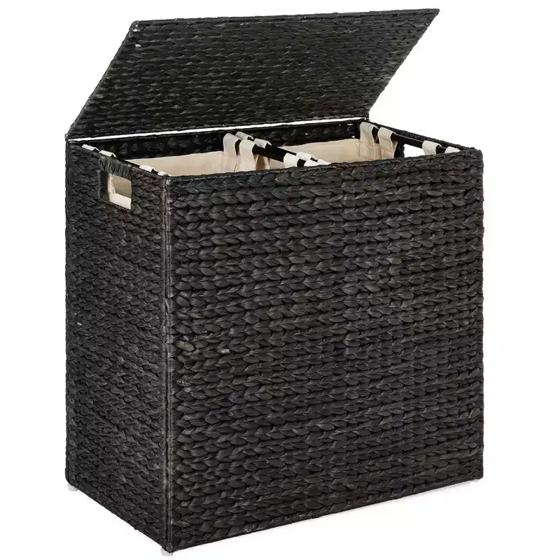 Large Natural Water Hyacinth Double Laundry Hamper Basket w/ 2 Liner Bags, Handles
