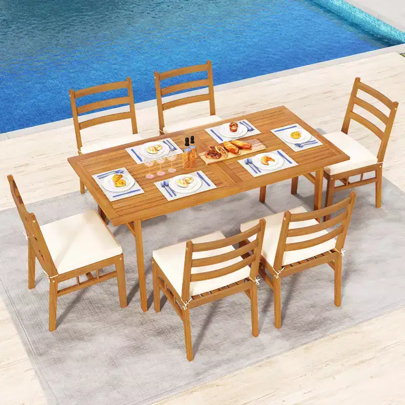 Gymax 7PCS Patio Acacia Wood Dining Set w/ 1.97 Umbrella Hole & Cushions for Backyard