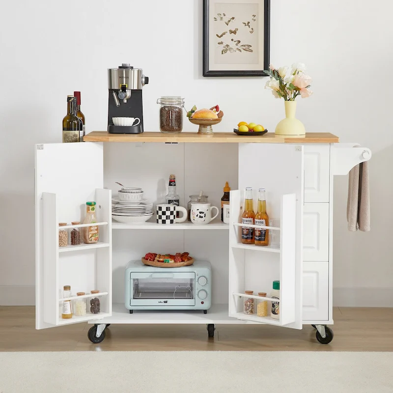 Kitchen Island with Drop Leaf Countertop and Rolling Cart