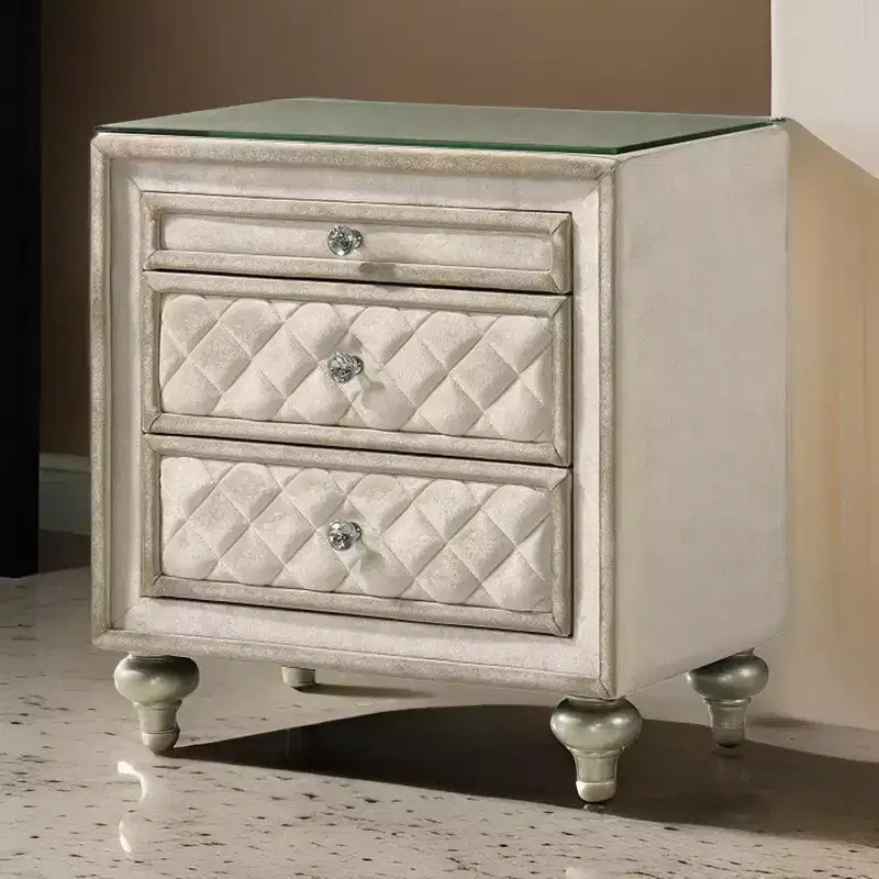Nightstand, 2 Drawers, Pull Out Tray, 27 Inch Wood, Beige Velvet