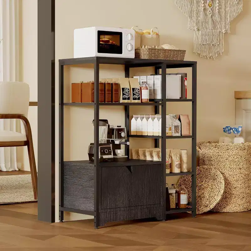 Kitchen Baker Rack, Industrial Kitchen Storage Rack with Power Outlet, Freestanding Microwave Oven Stand, Coffee Bar Table for Dining Room