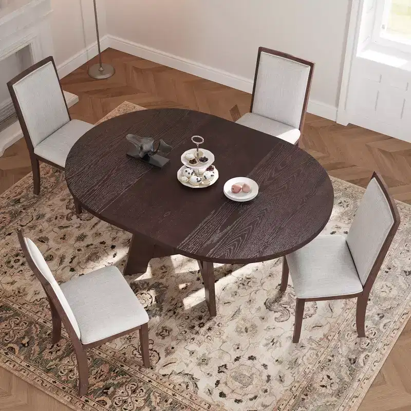 GDFStudio 5 Piece Elfa Farmhouse Extendable Dining Set with Removable Leaf and Upholstered Chairs