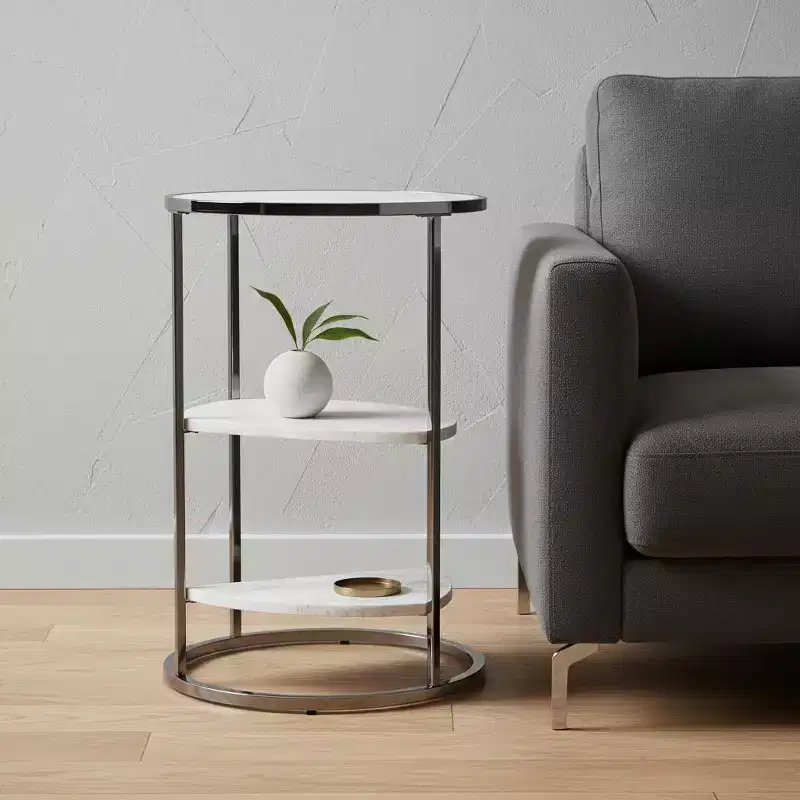 HomeRoots 24 Black Metal Glass And Faux Marble Round End Table With Two Shelves