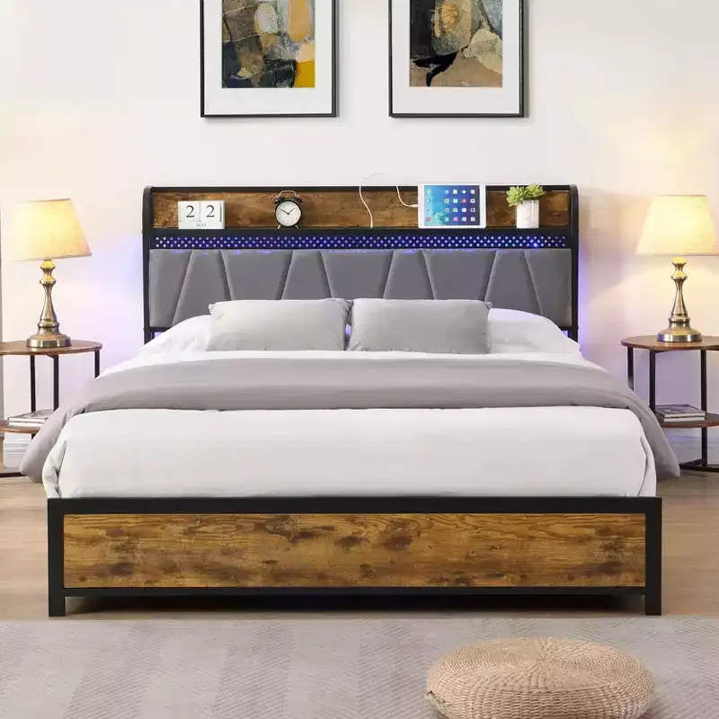 Okak Full Size Bed Frame with Storage Headboard and Charging Station,Upholstered Bed with 4 Storage Drawers,LED Lights,Brown+Gray