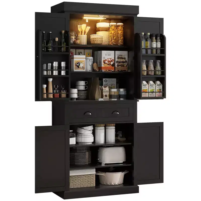 HOMCOM 71 LED Kitchen Pantry Cabinet, Tall Storage Cabinet with 6 Door Shelves, a Drawer and 4 Adjustable Shelves