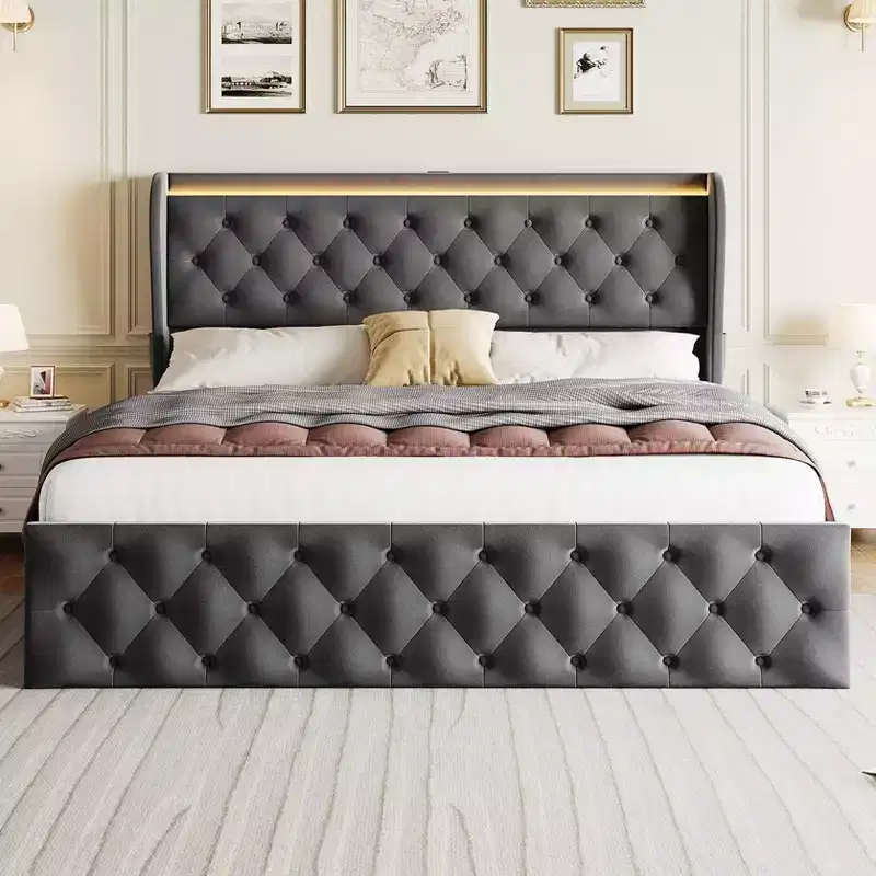 King Size Bed Frame with Button Wingback Headboard and 4 Drawers, Velvet Upholstered Platform Bed , No Box Spring Needed