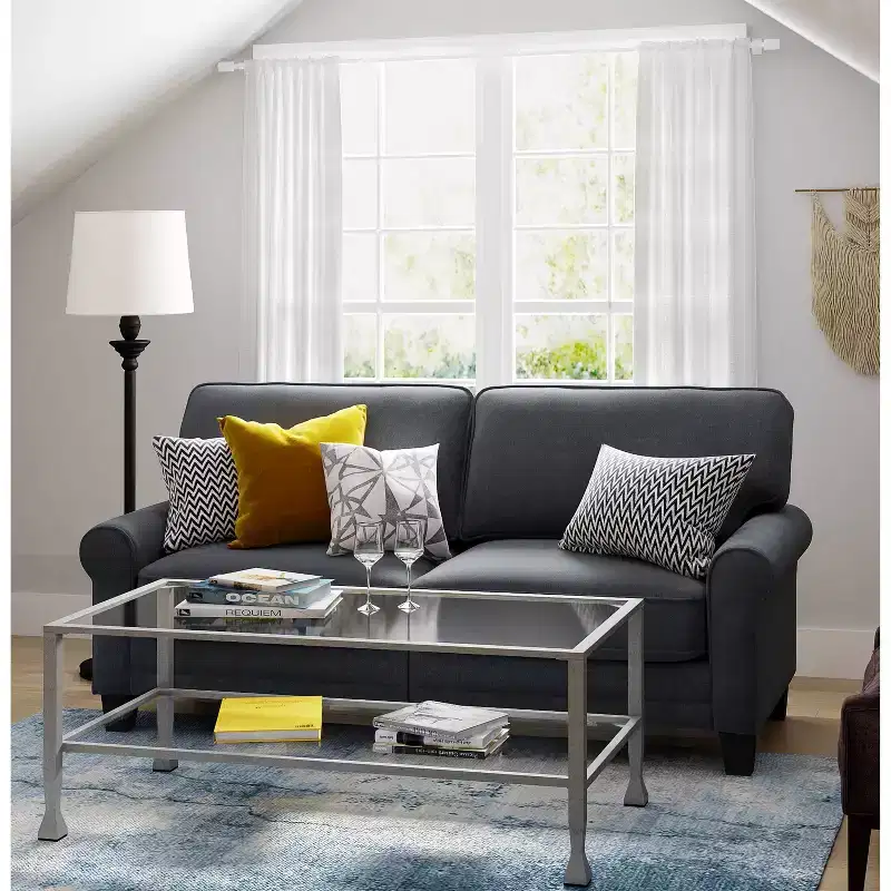 Glass and Metal Coffee Table, Tempered Glass Top, Distressed Black Frame