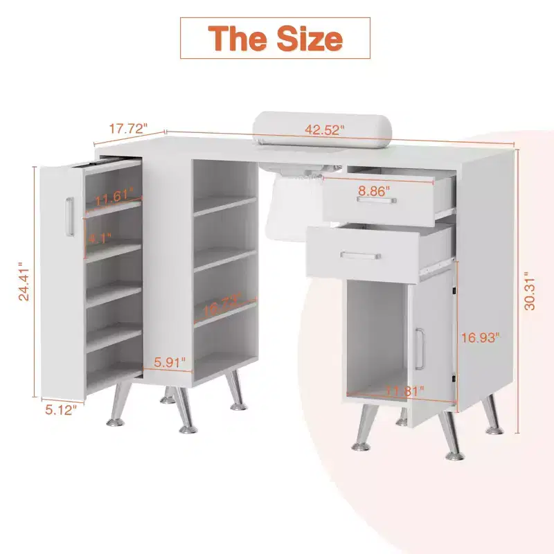 42.5 in Manicure Table Nail Station with Wrist Rest and Dust Collector, Nail Desk with Vertical Pull-Out Locker, White