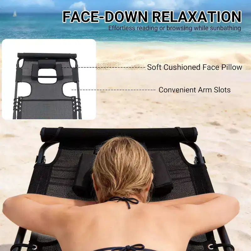 MooxvMoo 2PCS Tanning Chair with Face Hole, Folding Beach Chaise Lounge Chair with Carrying Handle, Side Pocket, 5-Position Adjustable, Black