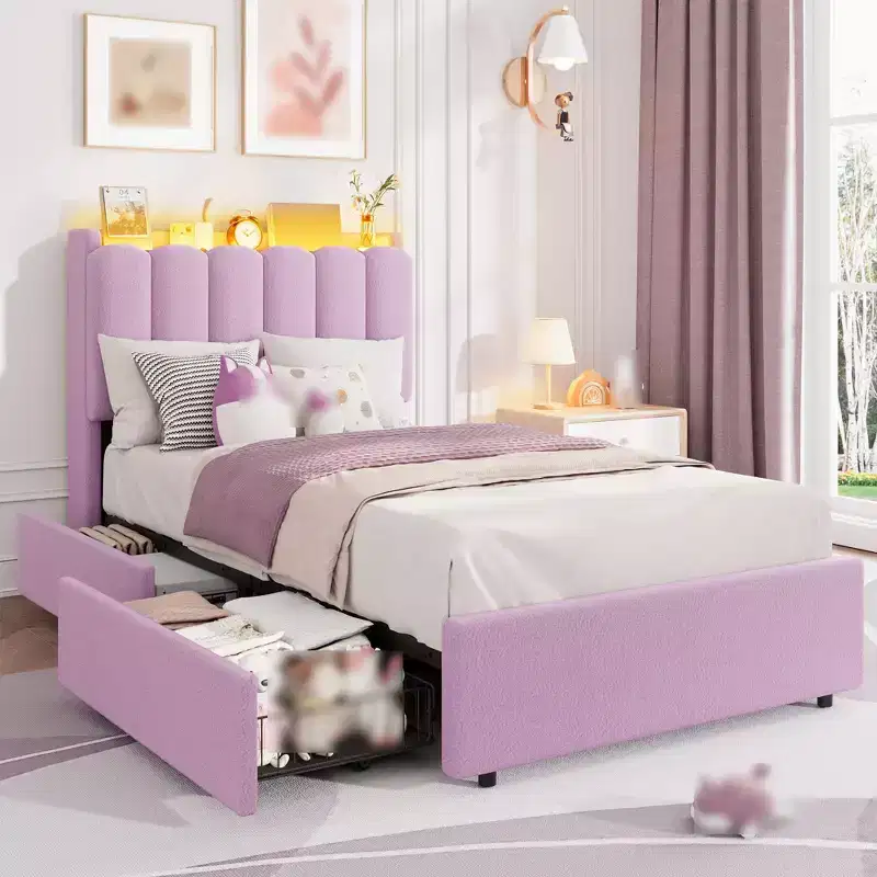 Twin Size Bed Frame with 2 Drawers, Storage Bed with Wavy Headboard, Upholstered Platform Bed for Girls, No Box Spring Needed, Deep pink