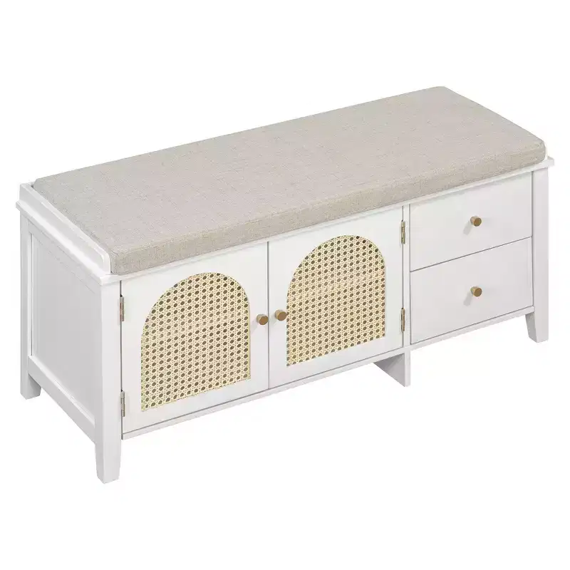 Shoe Storage Bench, Vintage Shoe Bench with Storage and Cushion, Shoe Bench with 2 Drawers and 2 Rattan Door for Entryway, White