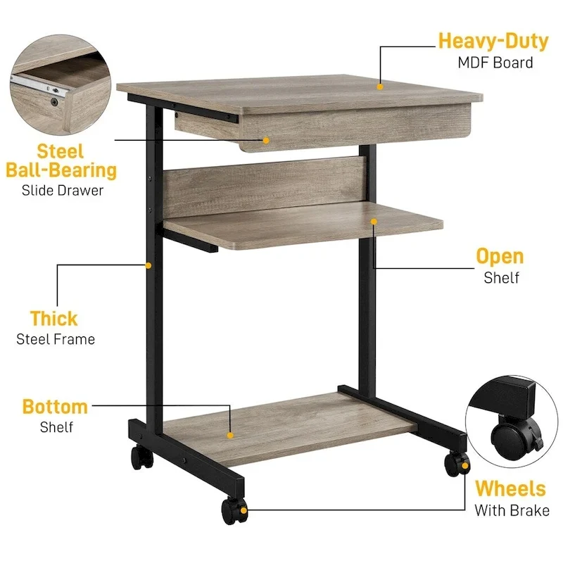 Yaheetech Rolling Computer Desk Table Tray Desk with Drawer and Shelf