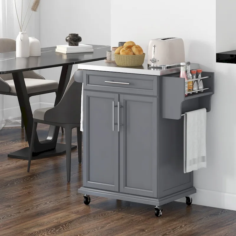 Kitchen Island on Wheels, Rolling Kitchen Cart with Stainless Steel Countertop, Drawer, Gray