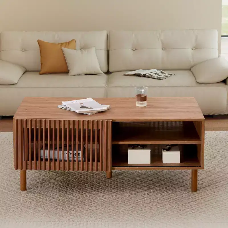 Modern Coffee Table with Storage, 44 Center Table with Fluted Sliding Doors and Dual Side Storage Shelves, Solid Wood Legs for Living Room